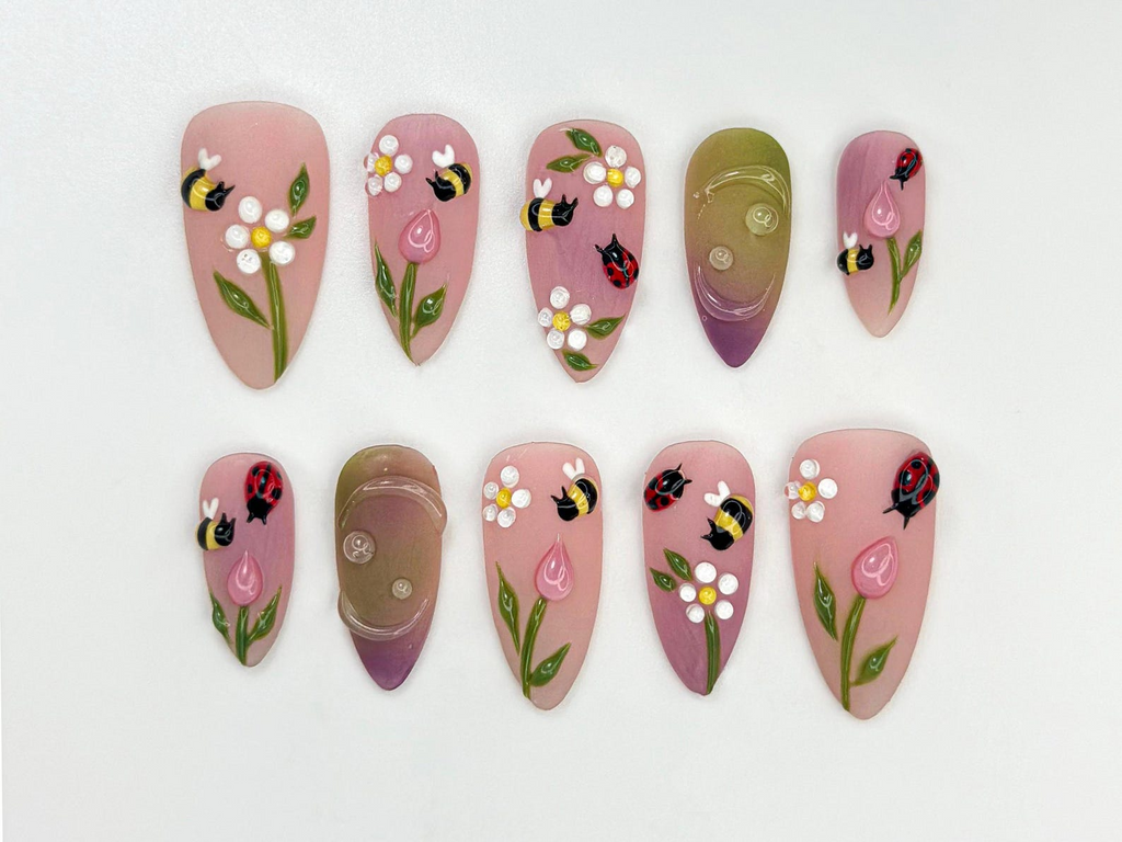 Bee & Ladybug Garden Press On Nails Spring Floral Tulip Nail Art Pastel Ombre Flower Nail Design Cute Garden Insect Nails OC826HC