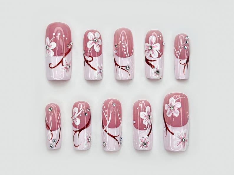 Floral Pink Gradient Press On Nails Elegant Pink Floral Nail Art Rhinestone & Petal Design Romantic Spring Nails