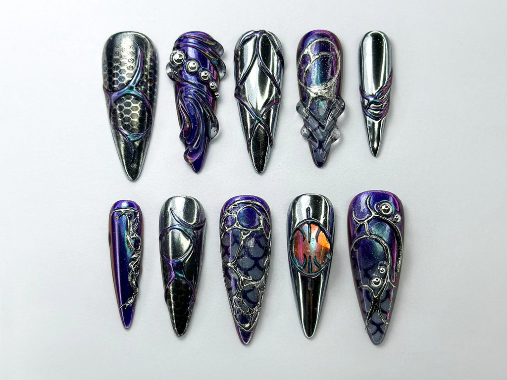 Metallic Dragon Scale Press-On Nails Gothic Fantasy Inspired Set Unique 3D Chrome Press-Ons Cyberpunk And Gothic Nails OB725HC