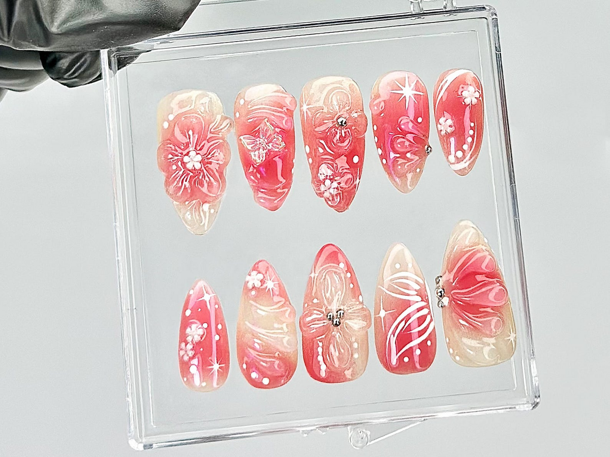 Blossom Spring Press On Nails By DoryNailsSakura Pink Spring Fake NailsRomantic Floral Acrylic Nails Spring Inspired Nail ArtOB813YT