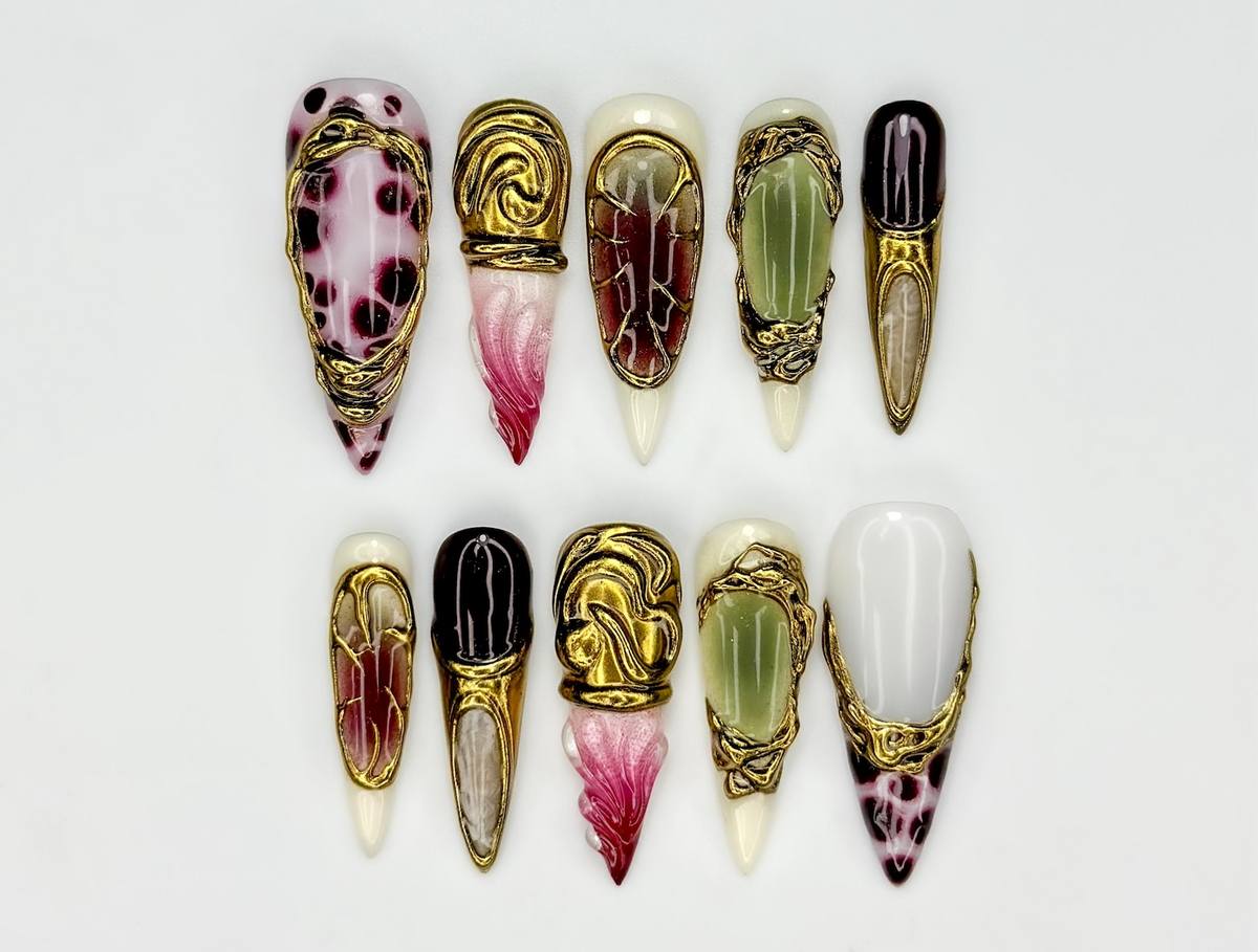 Gothic Garnet Gold Press On Nails Frech Tips Gold Couture Nail Art Burgundy Jade Statement Nails Handmade Luxury Stiletto Set