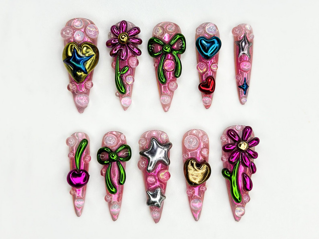 Metallic Bubble Press On Nails 3D Y2K Chrome Star Heart Nails Funky Cute Cherry Bow Nail Art Iridescent Pink Press On Set OB815HK