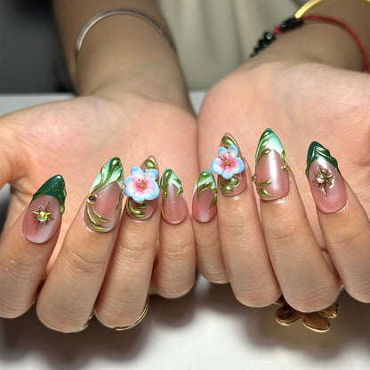 3D Floral Press On Nails Green Leaf Pink Chrome Nails Handmade Flower Nail Art Elegant