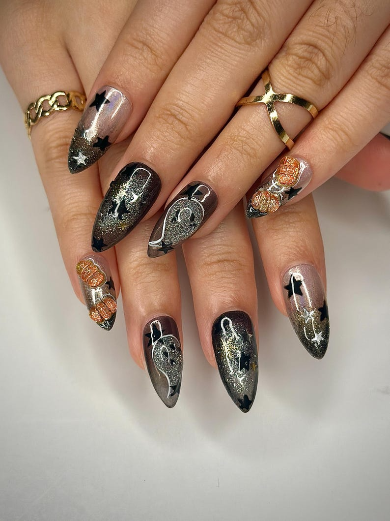 Pumpkin Gothic Press On Nails, Halloween Black & Orange Nails, Handmade Spooky Nail