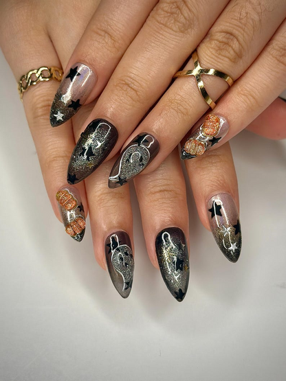 Pumpkin Gothic Press On Nails, Halloween Black & Orange Nails, Handmade Spooky Nail