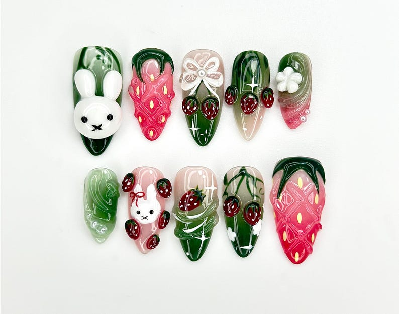 Strawberry Bunny Dreams Press On Nails Cute 3D Fruit Nail Art Sweet Berry Theme Nails Pink 3D Kawaii Nails