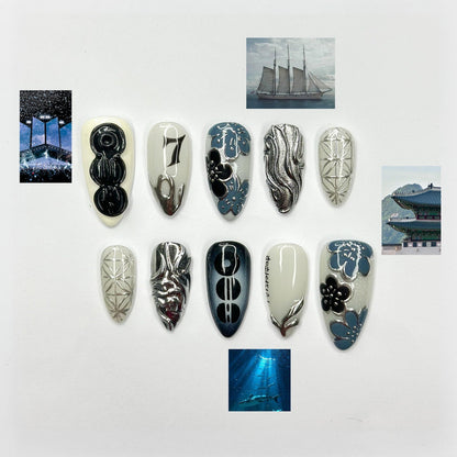 Kpop Inspired Indigo Voyage Nails, 7 Spirit Arirang Silver Shark Nails, Ocean Muse 3D