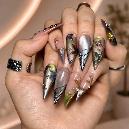 Fairycore Stiletto Press On Nails • Wedding Guest Prom Vibe • 3D Gold Chrome Vine •