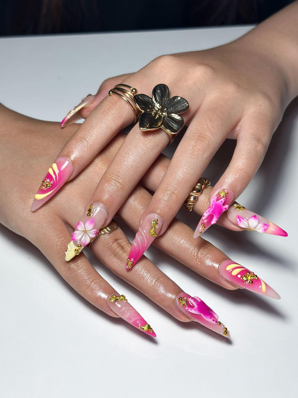 3D Starfish Hibiscus Press On Nails, Neon Pink Yellow Ombre Tropical Summer Fingernails
