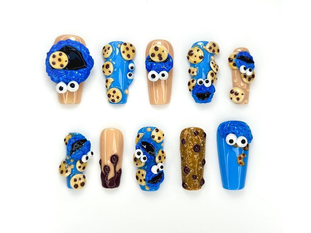 Cookie Monster Press On Nails 3D Cookie & Monster Nail Art Funny Blue Cartoon Nail Set Handmade Pop Culture Nails