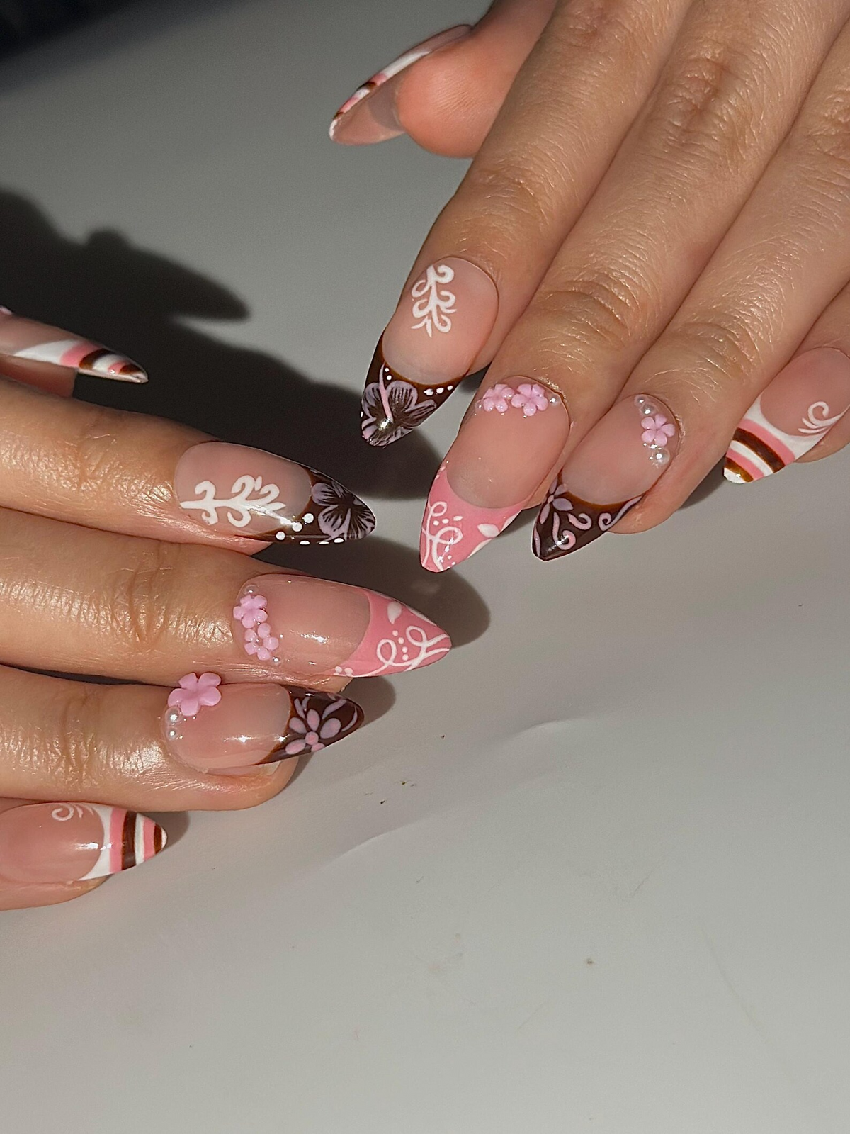 Pink Brown Floral Press On Nails Cute Pink Nail Art Sweet Dessert Inspired Nails 3D Flower