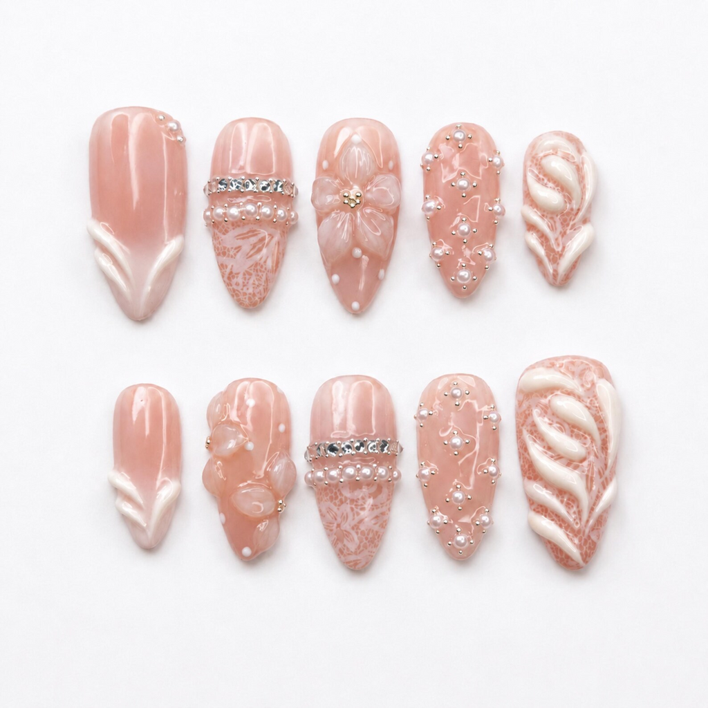 Pink Press On Nails Almond • Bridal Shower Gift Idea • Coquette Pearl Bow 3D Flower Lace