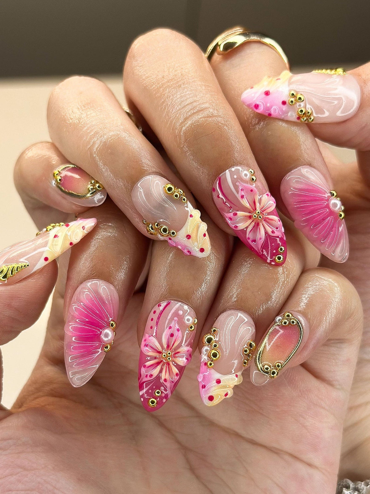 3D Pink Hibiscus & Seashell Nails, Tropical Floral Summer Press Ons, Luxury Gold Studded