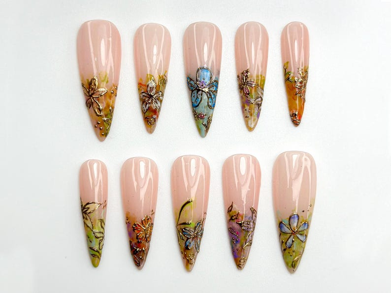 Gold Foil Floral Press On Nails Vintage Garden Nails Nude Gradient Floral Nails Long Press On Nails Botanical Press Ons OC773HC