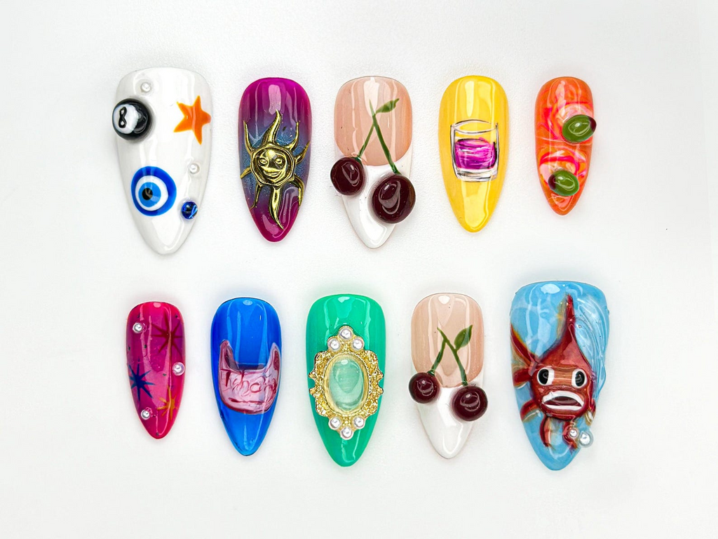 Pop Art Custom Press On Nails Vintage Eye & Fish Nail Art Handmade Funky Artcore Nails Retro Eclectic Press Ons