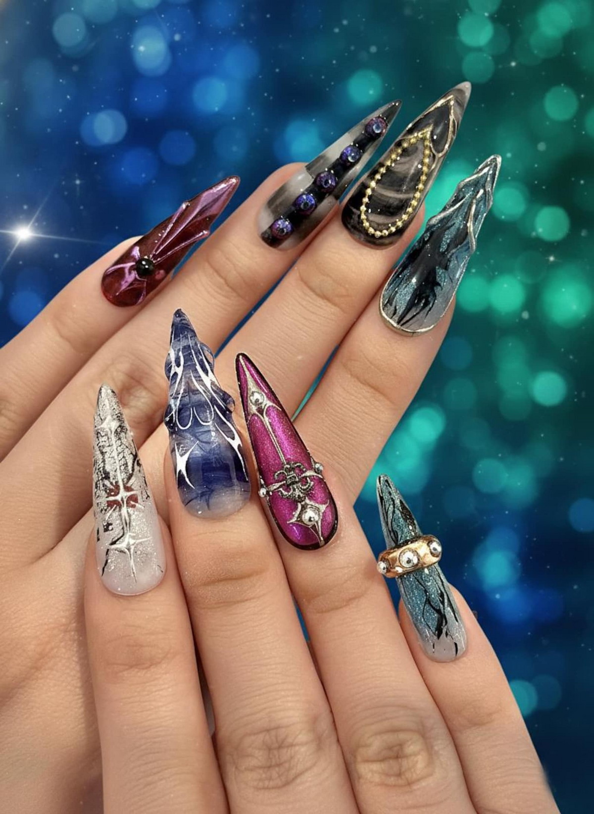 Artistic Gothic Press On Nails Dark Marble Abstract Nails Handmade Stiletto Nail Art