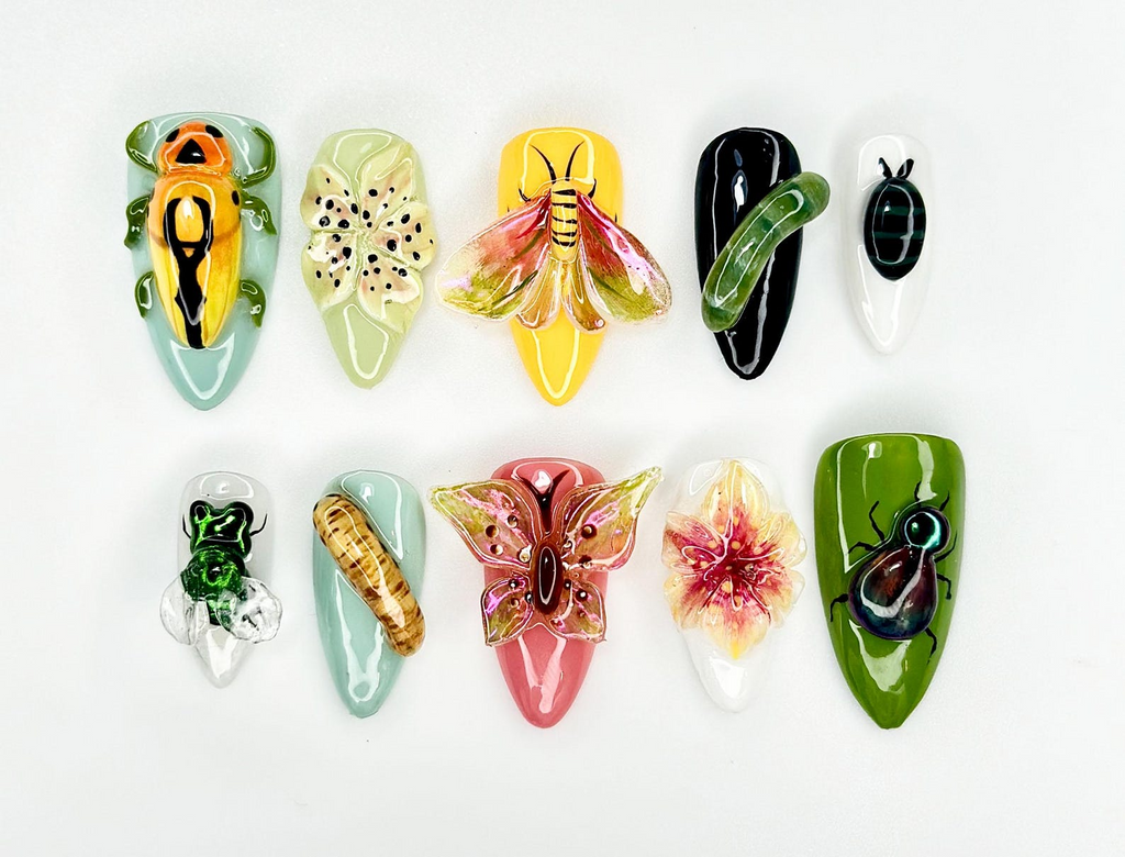 Insect Garden Fantasy Press On Nails 3D Bug & Butterfly Nail Art Botanical Nature Nails Handpainted Cicada Bee Beetle Design