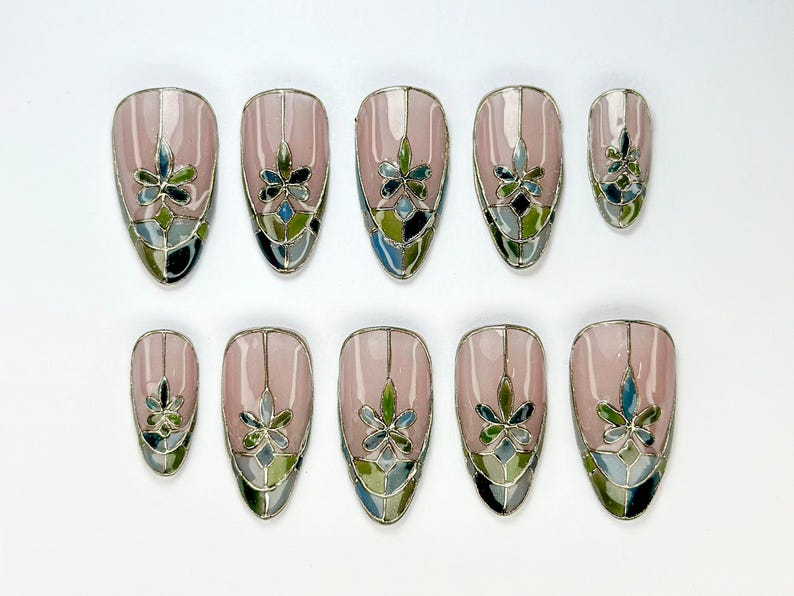 Stained Glass Floral Press On Nails Neutral Floral Press Ons Nude & Metallic Fake NailsElegant Bridal Nail ArtWedding NailsOB778YC
