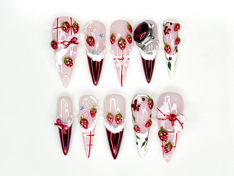 Strawberry  Press On Nails For Christmas  3D Strawberry & Whipped Cream Nail Art Cute Festive Press Ons| Sweet Winter Nail Design