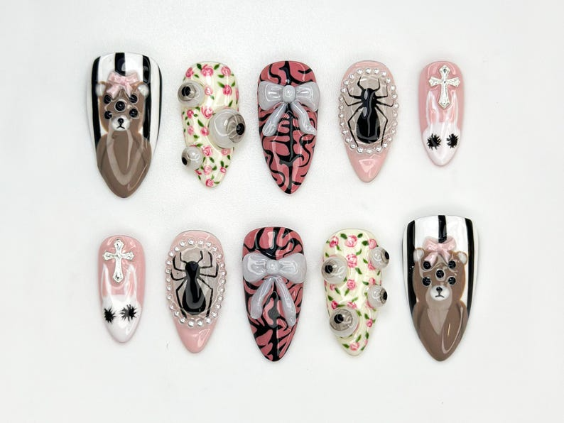 Creepy Cute Teddy Press On Nails 3D Bear & Bow Nails Gothic Pastel Floral Nail Art Soft Horror Pink Press Ons OB907HC