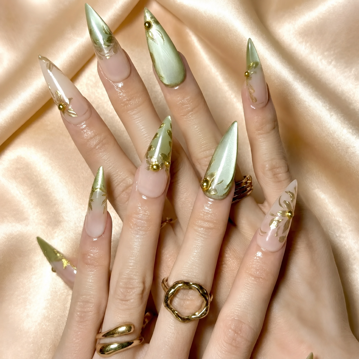 Gold Chrome Press On Nails, Sage Green Metallic Art, Elegant Nude Jelly Nails, Luxury
