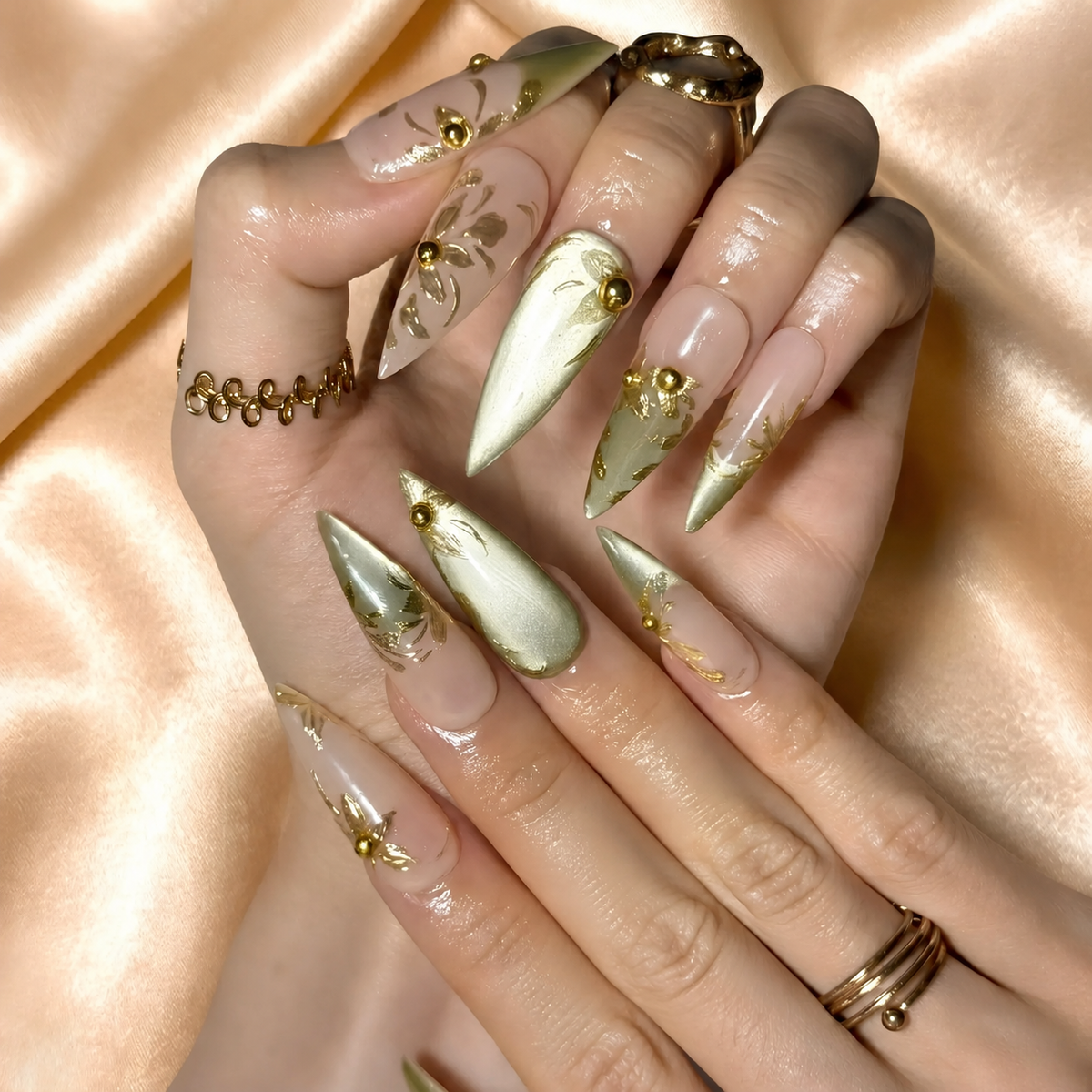 Gold Chrome Press On Nails, Sage Green Metallic Art, Elegant Nude Jelly Nails, Luxury