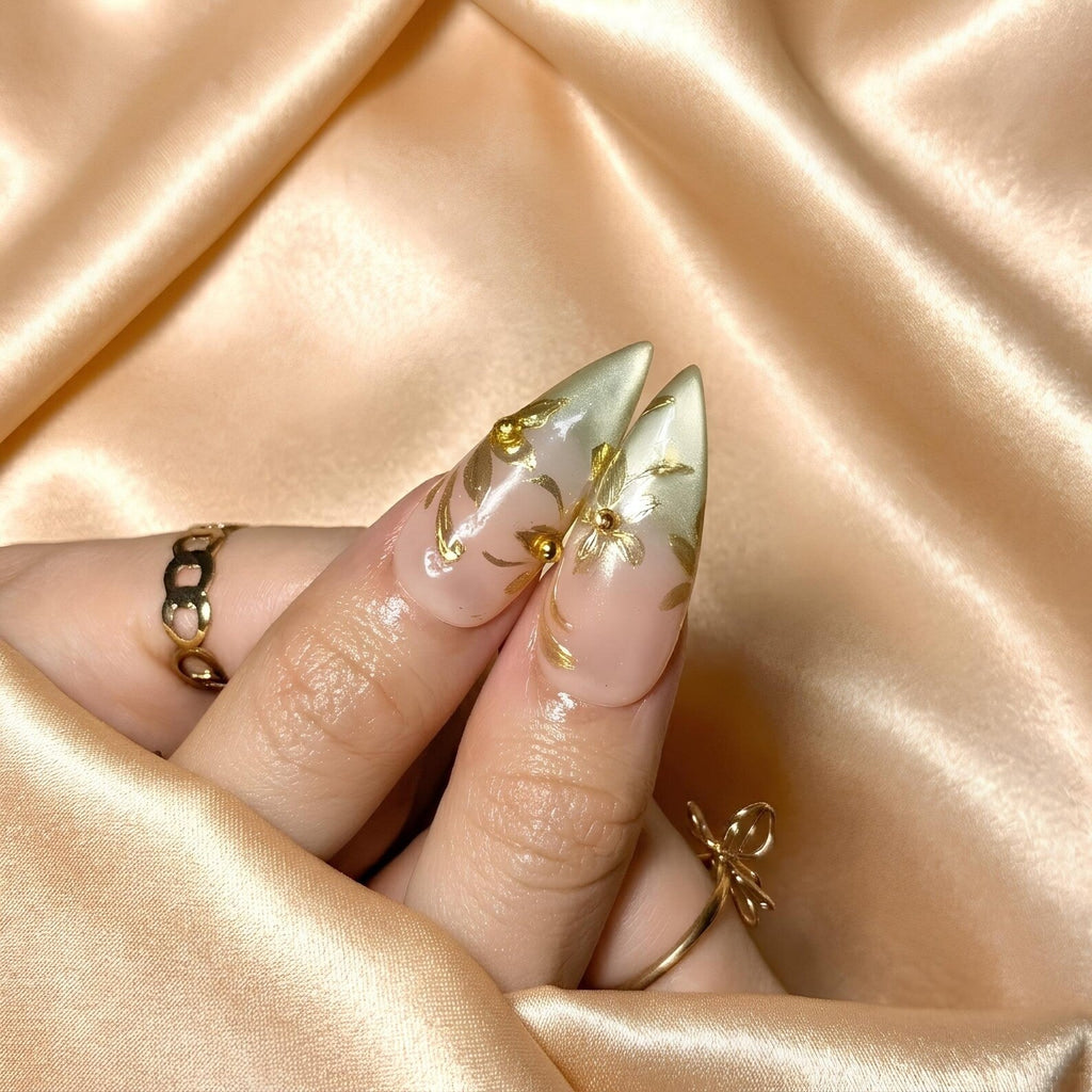 Gold Chrome Press On Nails, Sage Green Metallic Art, Elegant Nude Jelly Nails, Luxury