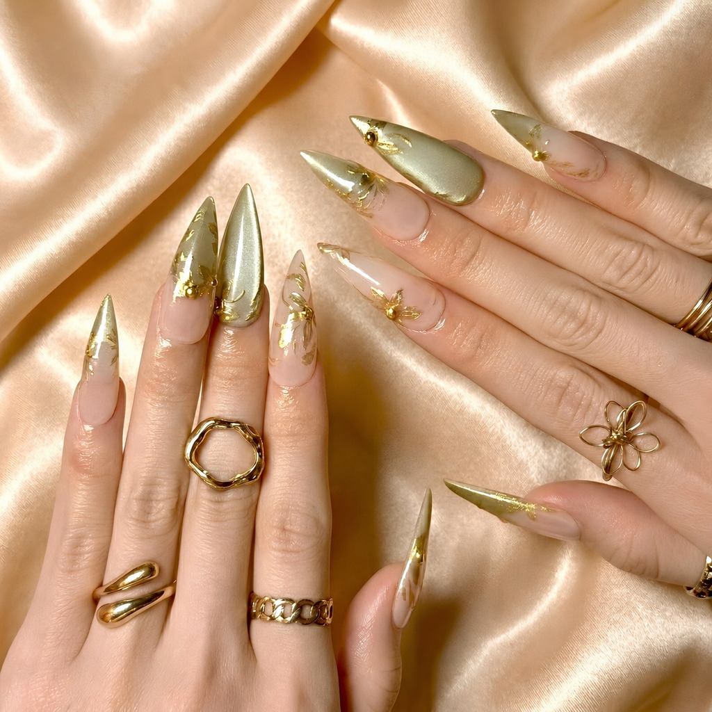 Gold Chrome Press On Nails, Sage Green Metallic Art, Elegant Nude Jelly Nails, Luxury