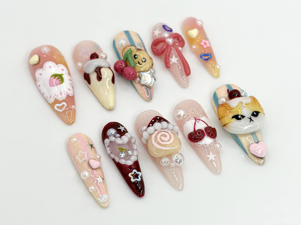 Kawaii Dessert Cat Press-On Nails Handmade Cute Cat Nail Art Cute 3D Kawaii Dessert Nail 3D Handmade Nail Elegant Nail Art OB593HC