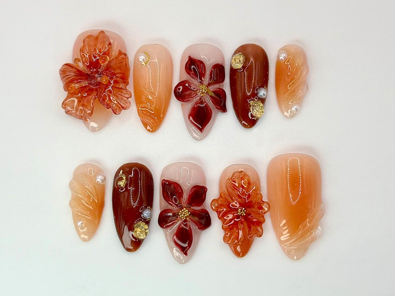 Autumn-Inspired Press On Nails Warm Tones & Gold Accents Handcrafted Fall Nail Art Set3D Floral Nails Fall Collection|OB544HC