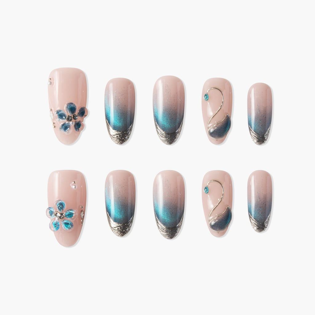 Blue Bloom Reusable Press On Nails