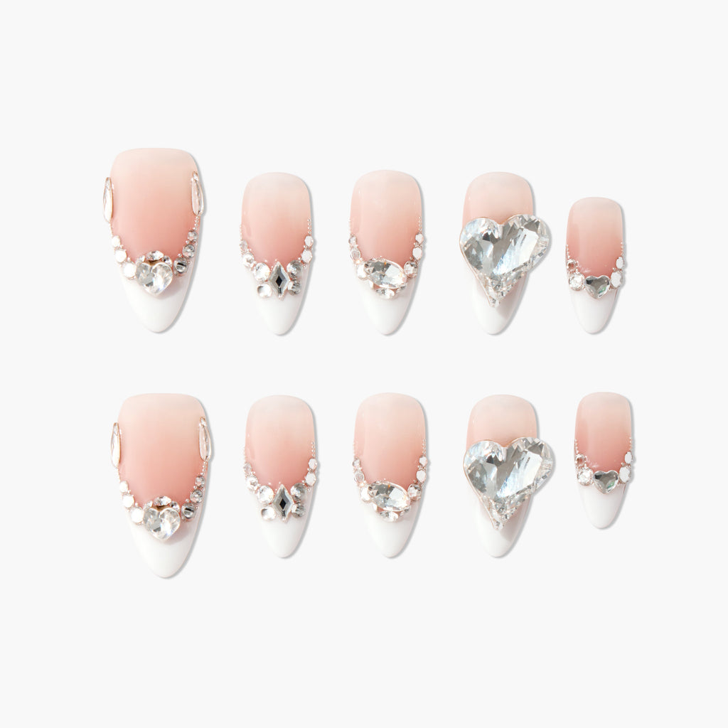 Heart Diamond French Reusable Press On Nails