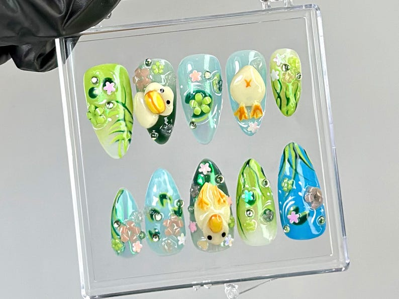Whimsical Duck Almond Nails Fairy-Tale Pond Nail Art Artistic Cottagecore Fake Nails Fantasy Water-Themed NailsKawaii NailsOB765YC