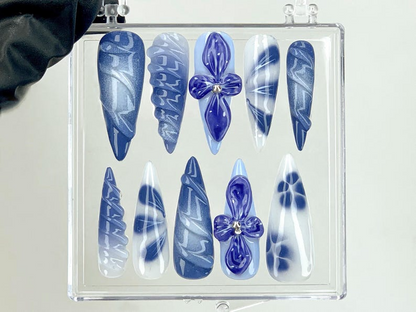 Mystical Midnight Blooms Press On Nails 3D Floral Fantasy Nail Art Dreamy Night Garden Acrylic Nails Hand-Painted 3D Art OC561YK