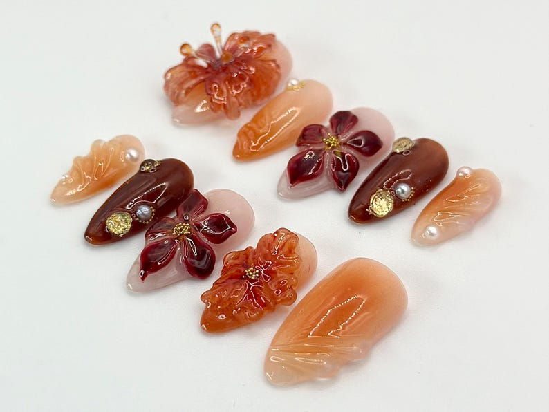Autumn-Inspired Press On Nails Warm Tones & Gold Accents Handcrafted Fall Nail Art Set3D Floral Nails Fall Collection|OB544HC