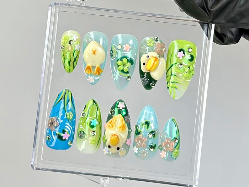 Whimsical Duck Almond Nails Fairy-Tale Pond Nail Art Artistic Cottagecore Fake Nails Fantasy Water-Themed NailsKawaii NailsOB765YC