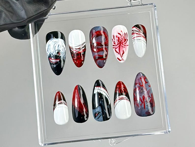 Anime-Inspired Press On Nails Horror Anime Press Ons Blood Drip Gothic Fake Nails Gothic Vampire Nail Art Custom Nails OB774YC