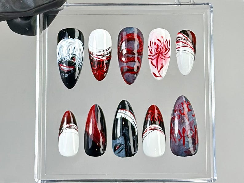 Anime-Inspired Press On Nails Horror Anime Press Ons Blood Drip Gothic Fake Nails Gothic Vampire Nail Art Custom Nails OB774YC