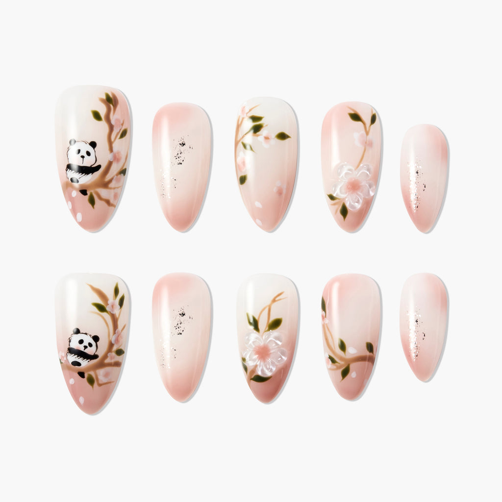 Blossom Panda (Almond) Reusable Press On Nails