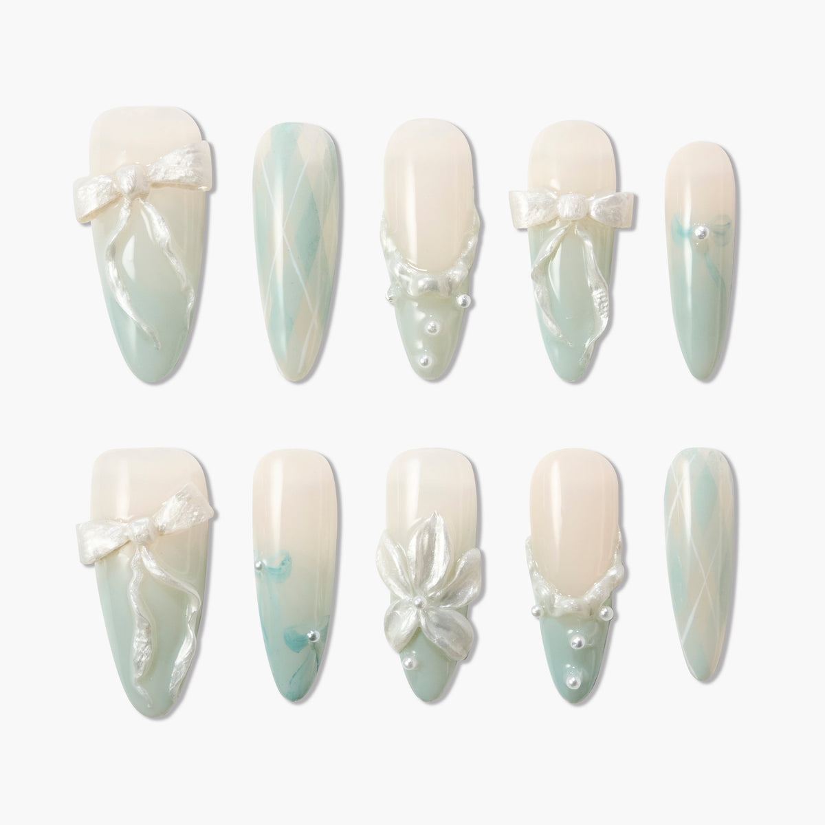 Mint Ribbon (Stiletto) Reusable Press On Nails