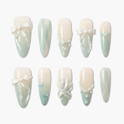 Mint Ribbon (Stiletto) Reusable Press On Nails