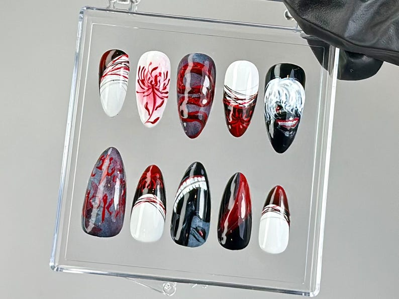 Anime-Inspired Press On Nails Horror Anime Press Ons Blood Drip Gothic Fake Nails Gothic Vampire Nail Art Custom Nails OB774YC