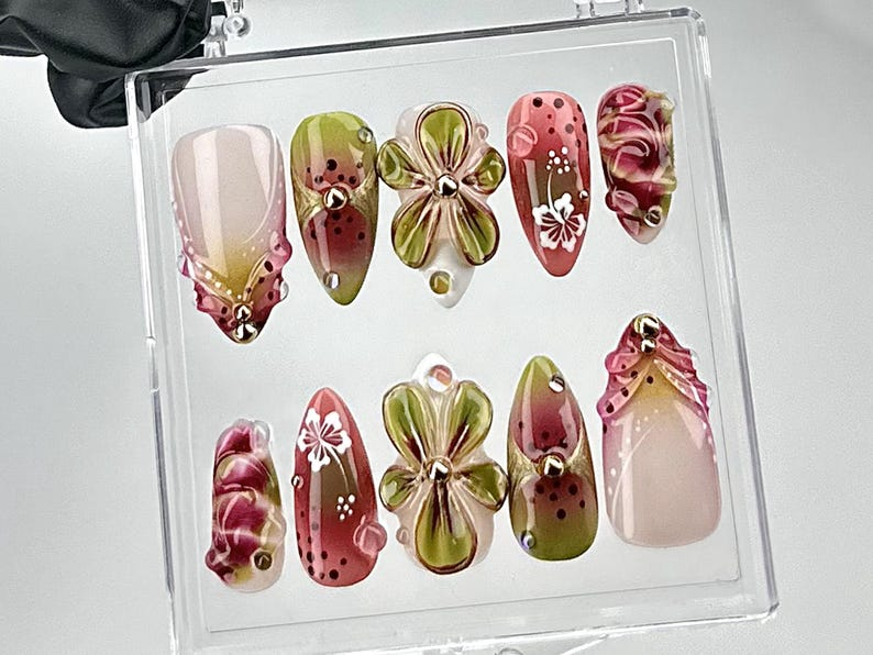 Artistic Floral Press On Nails Green Floral, Pink Rose Nail Design 3D Flower & Gradient Fake Nails Spring Blossom Nails OB697YC