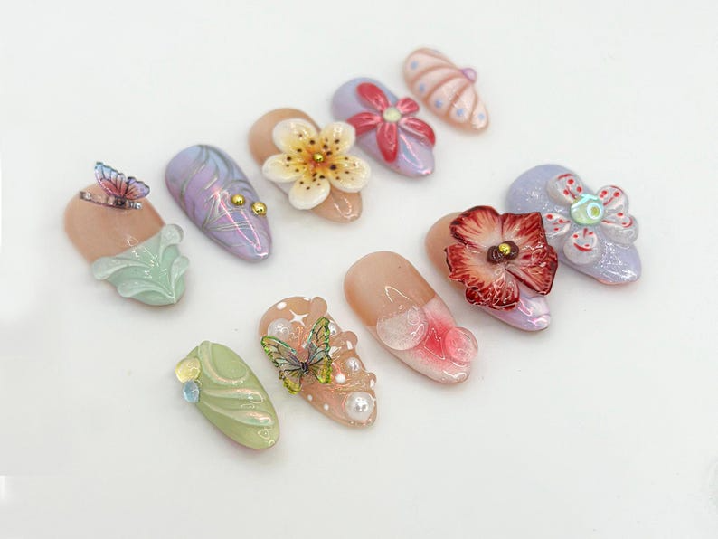 Spring 3D Floral Press On Nails Handmade Butterflies Nail Art Elegant & Soft Pastel Nail Design Handmade Luxury Nails OC684H