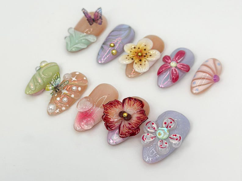Spring 3D Floral Press On Nails Handmade Butterflies Nail Art Elegant & Soft Pastel Nail Design Handmade Luxury Nails OC684H