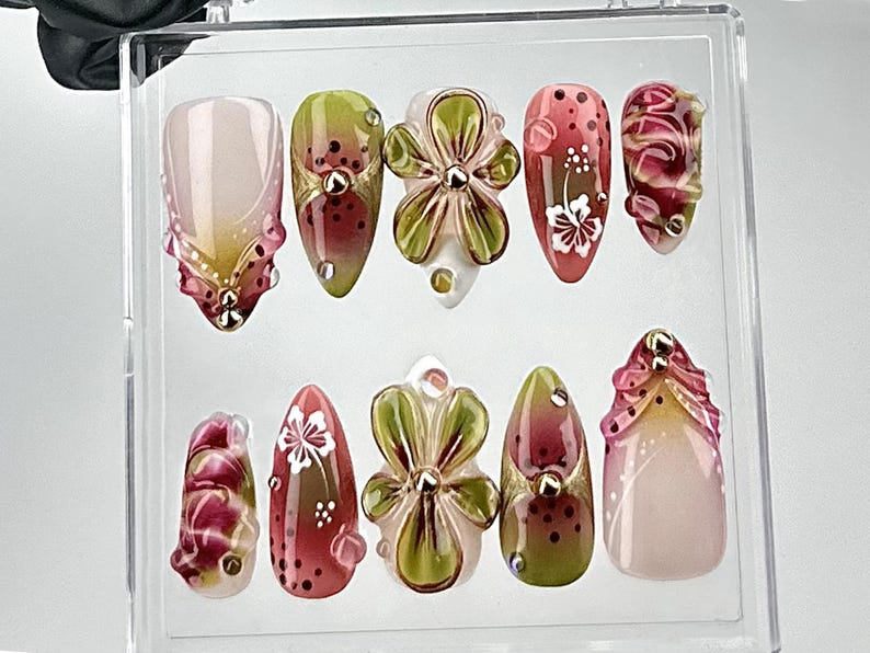 Artistic Floral Press On Nails Green Floral, Pink Rose Nail Design 3D Flower & Gradient Fake Nails Spring Blossom Nails OB697YC