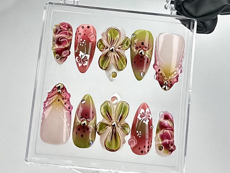 Artistic Floral Press On Nails Green Floral, Pink Rose Nail Design 3D Flower & Gradient Fake Nails Spring Blossom Nails OB697YC