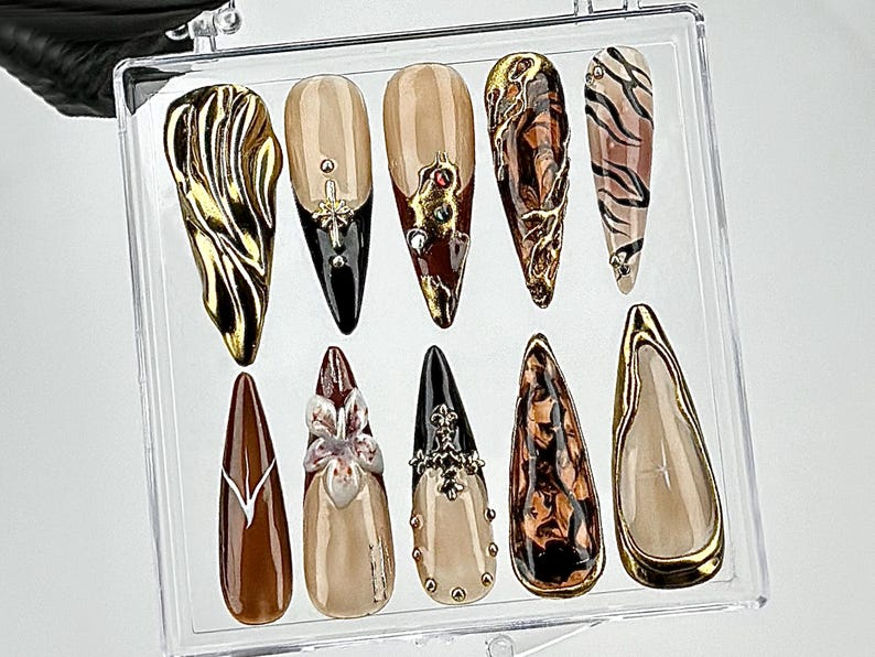 Black & Gold Marble Press On Nails Leopard Print, Brown Fake Nails Nature-Inspired Designs Nail Art Edgy Gothic Nails OB694YK