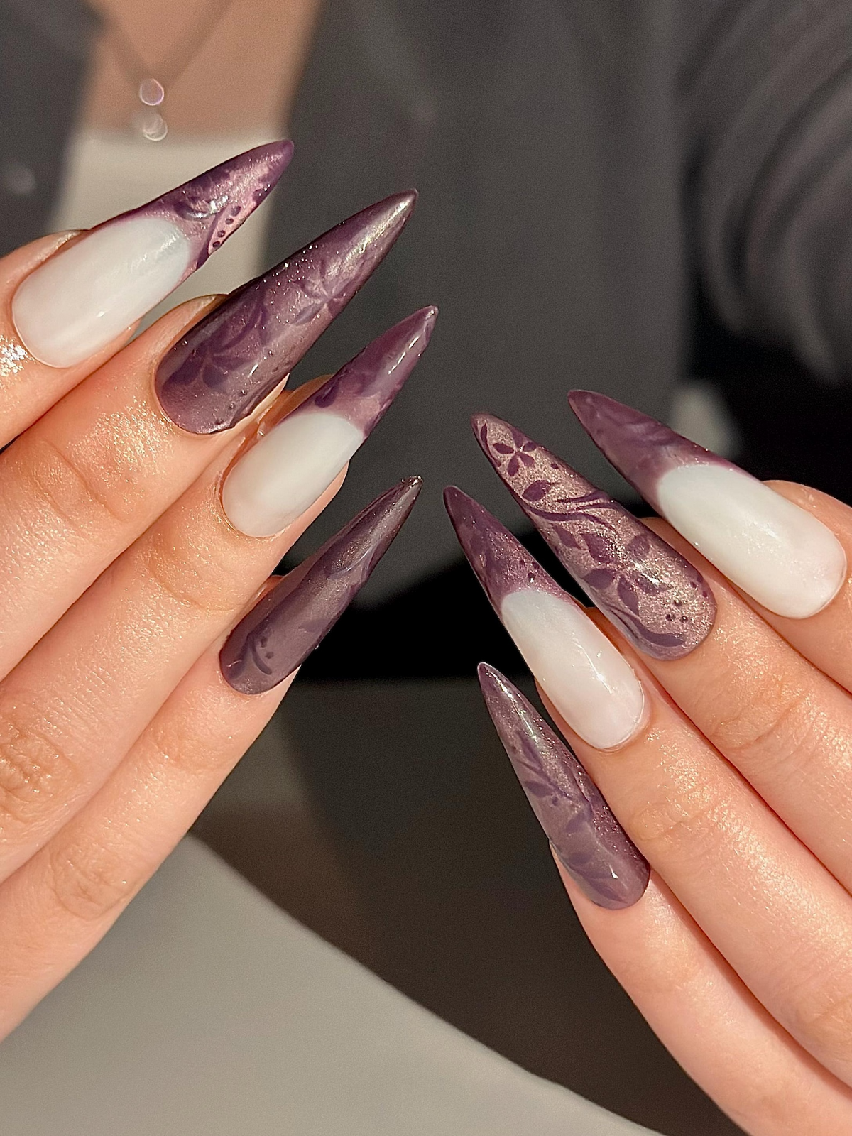 Dark Purple Cat Eye Press On Nails, Mystic Floral French Tip Nails, Ethereal Smoky