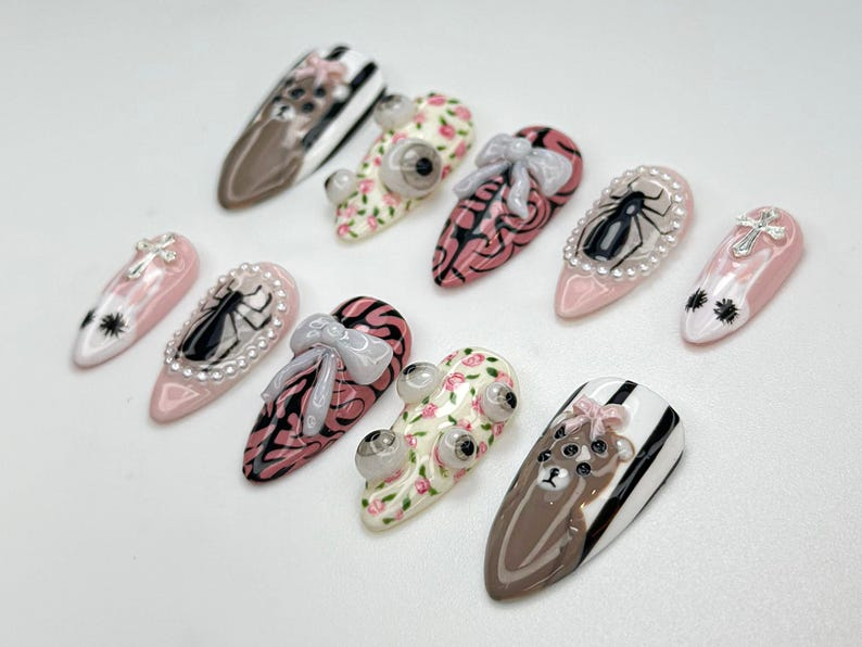 Creepy Cute Teddy Press On Nails 3D Bear & Bow Nails Gothic Pastel Floral Nail Art Soft Horror Pink Press Ons OB907HC